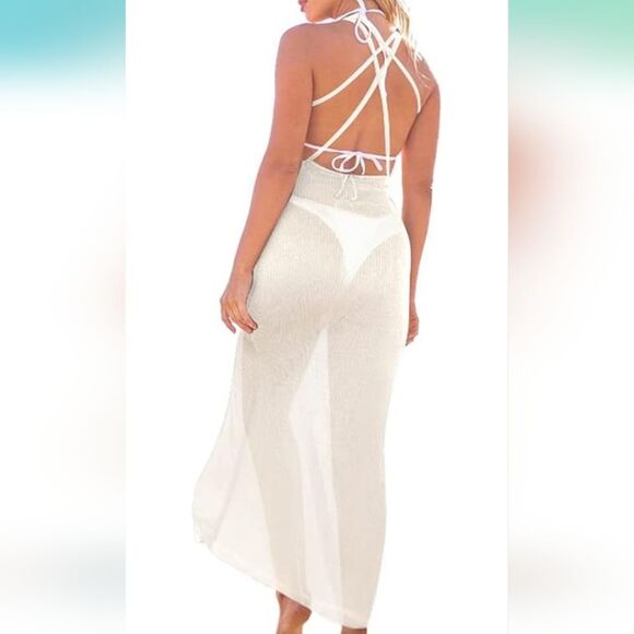 NWT Chic Crochet Long Cream Swim Coverup - Picture 2 of 2